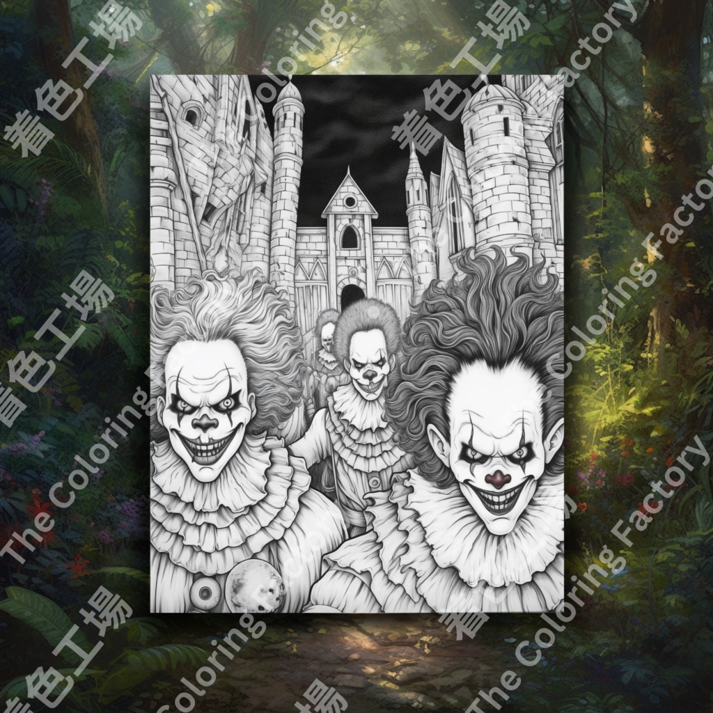 大人のための怖いピエロの塗り絵 楽しいデジタル即時ダウンロード セット 2