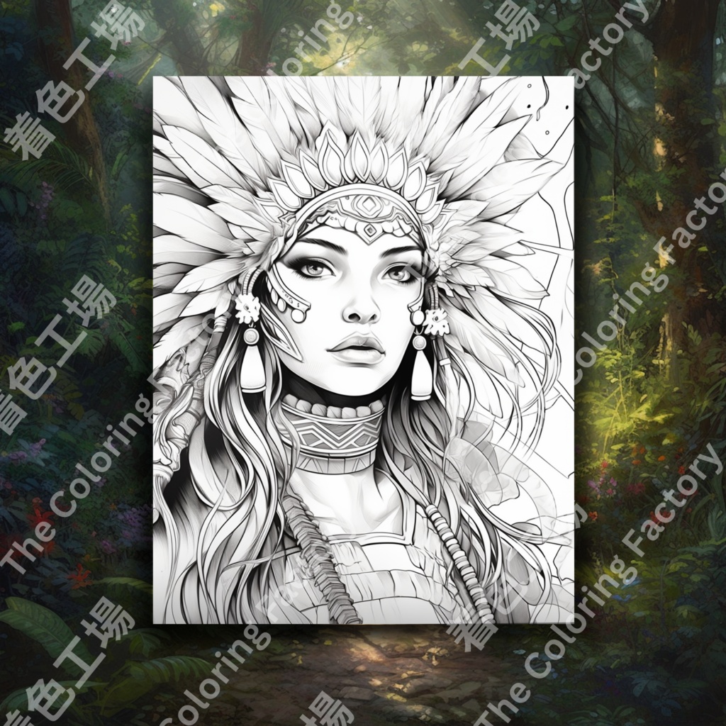 大人のためのネイティブ アメリカンの女王の塗り絵、楽しいデジタル インスタント ダウンロード セット 1