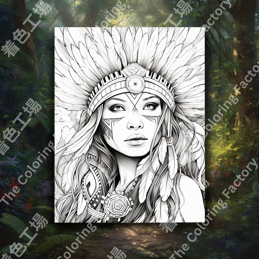 大人のためのネイティブ アメリカンの女王の塗り絵、楽しいデジタル インスタント ダウンロード セット 1