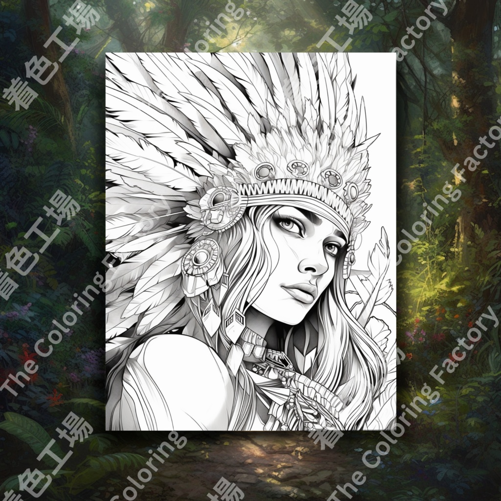 大人のためのネイティブ アメリカンの女王の塗り絵、楽しいデジタル インスタント ダウンロード セット 1