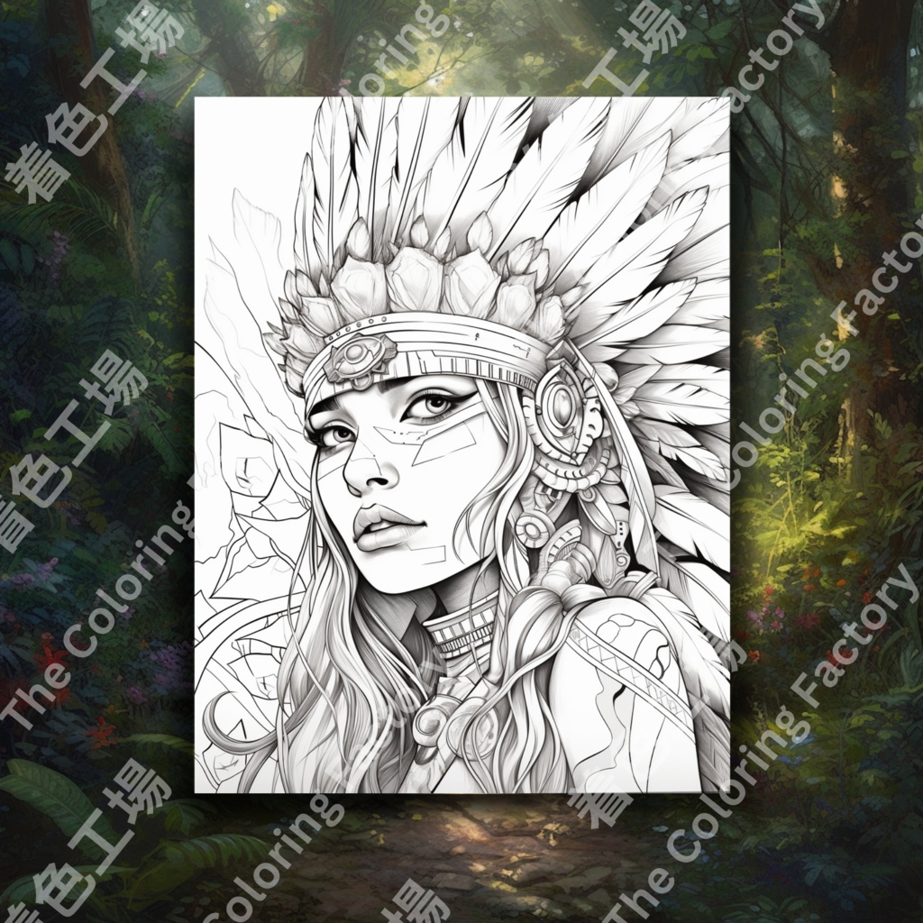 大人のためのネイティブ アメリカンの女王の塗り絵、楽しいデジタル インスタント ダウンロード セット 1