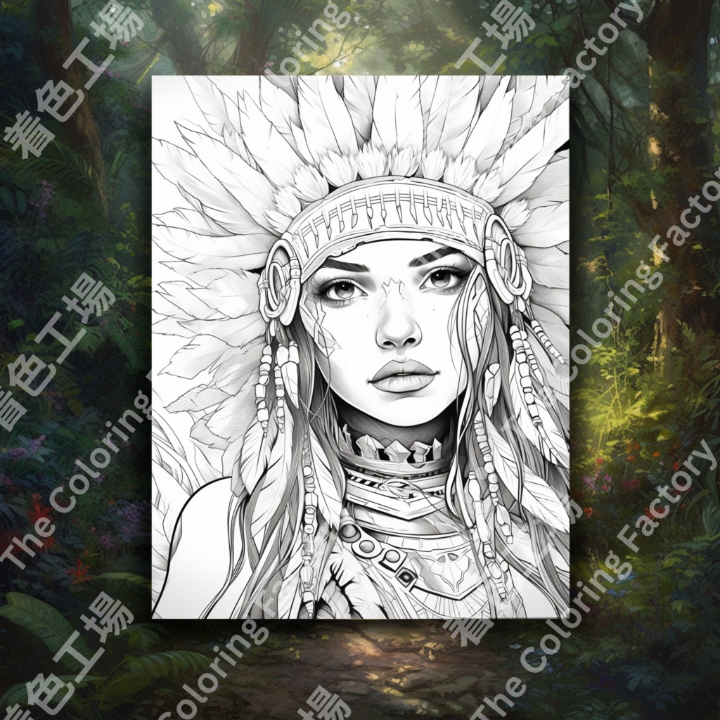 大人のためのネイティブ アメリカンの女王の塗り絵、楽しいデジタル インスタント ダウンロード セット 1