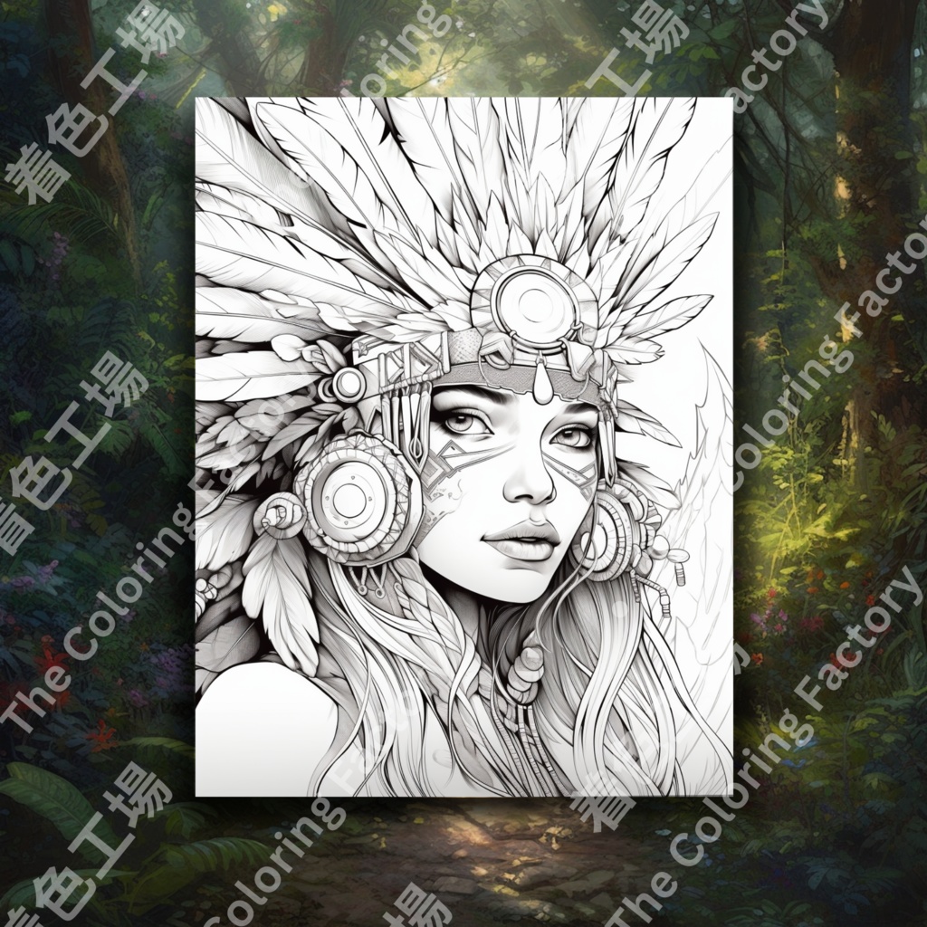 大人のためのネイティブ アメリカンの女王の塗り絵、楽しいデジタル インスタント ダウンロード セット 2