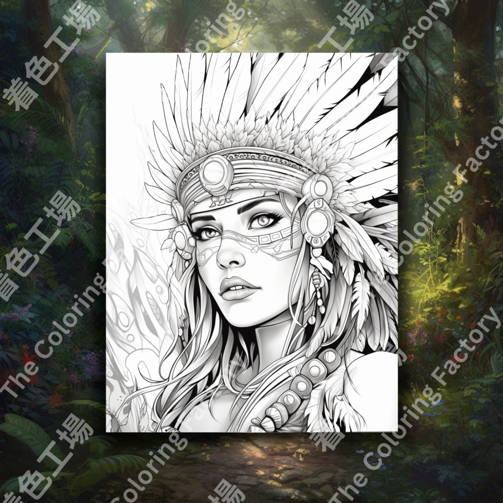 大人のためのネイティブ アメリカンの女王の塗り絵、楽しいデジタル インスタント ダウンロード セット 2