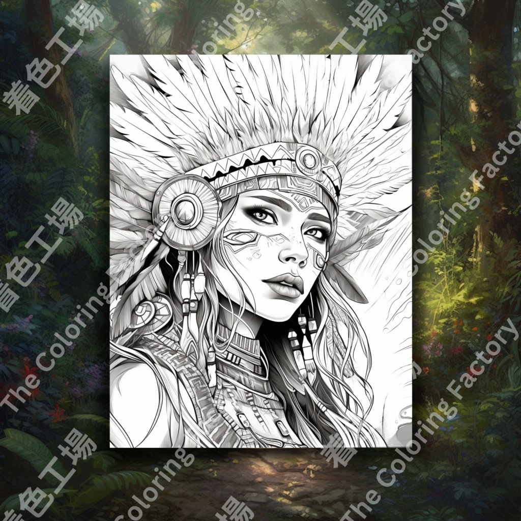 大人のためのネイティブ アメリカンの女王の塗り絵、楽しいデジタル インスタント ダウンロード セット 2