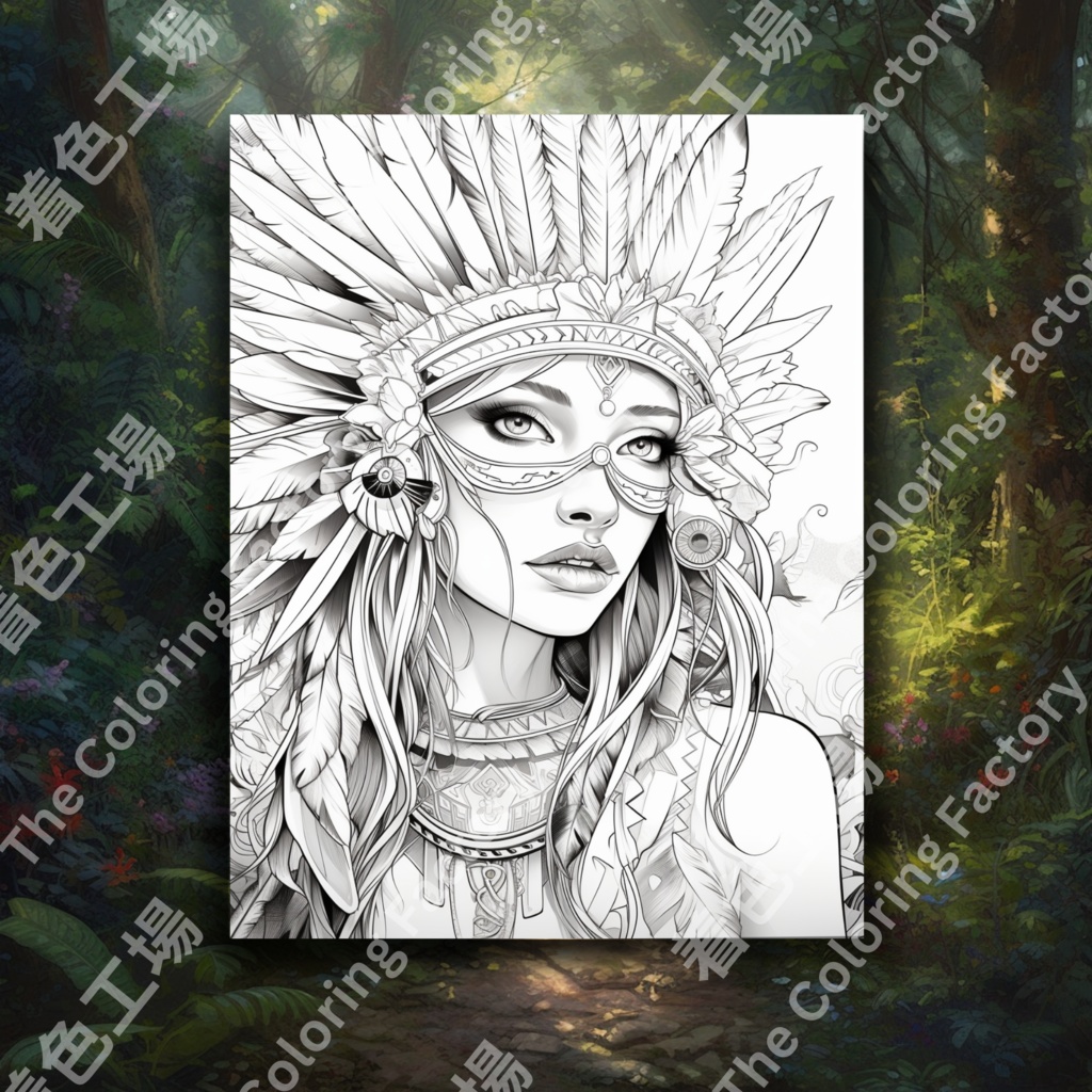 大人のためのネイティブ アメリカンの女王の塗り絵、楽しいデジタル インスタント ダウンロード セット 2