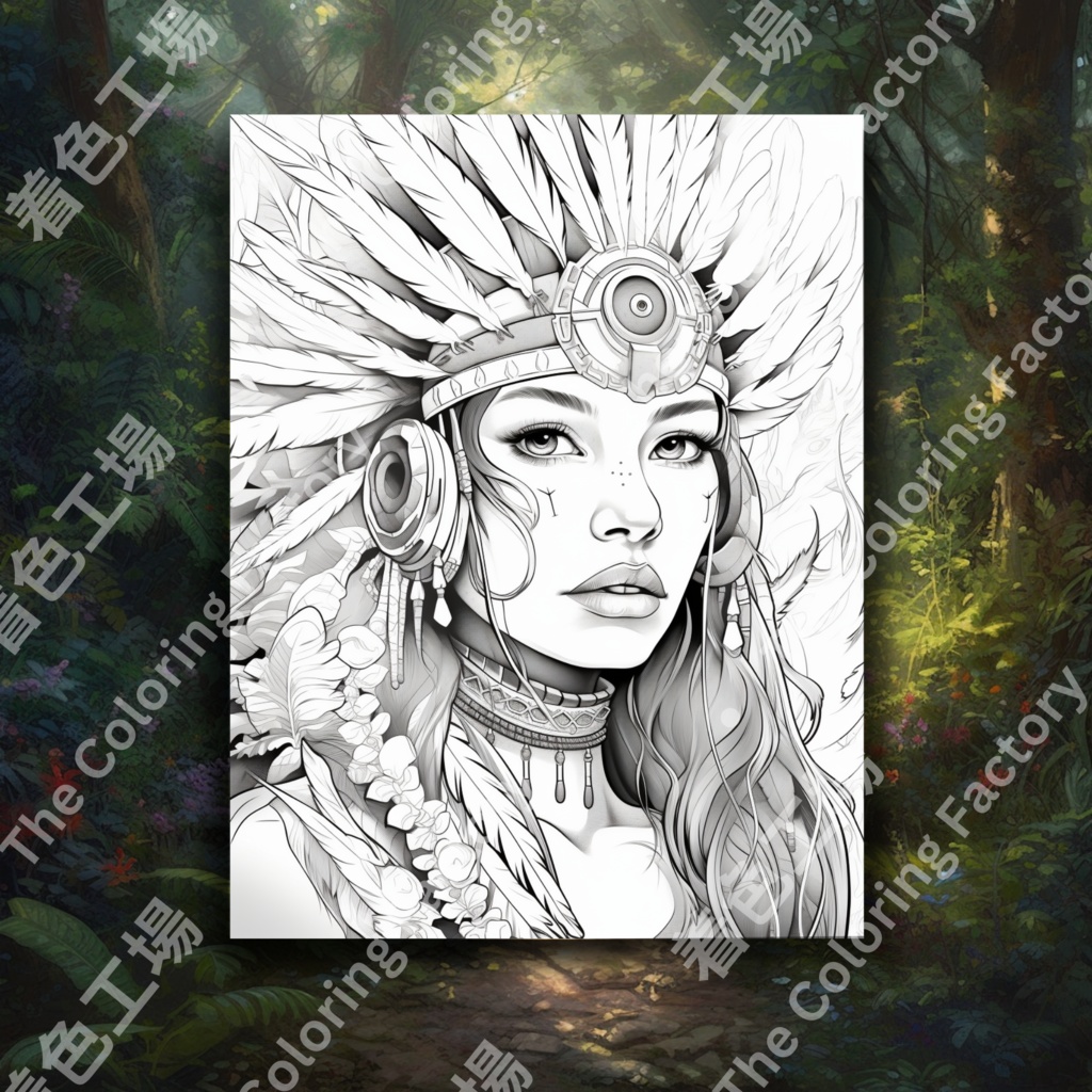 大人のためのネイティブ アメリカンの女王の塗り絵、楽しいデジタル インスタント ダウンロード セット 2
