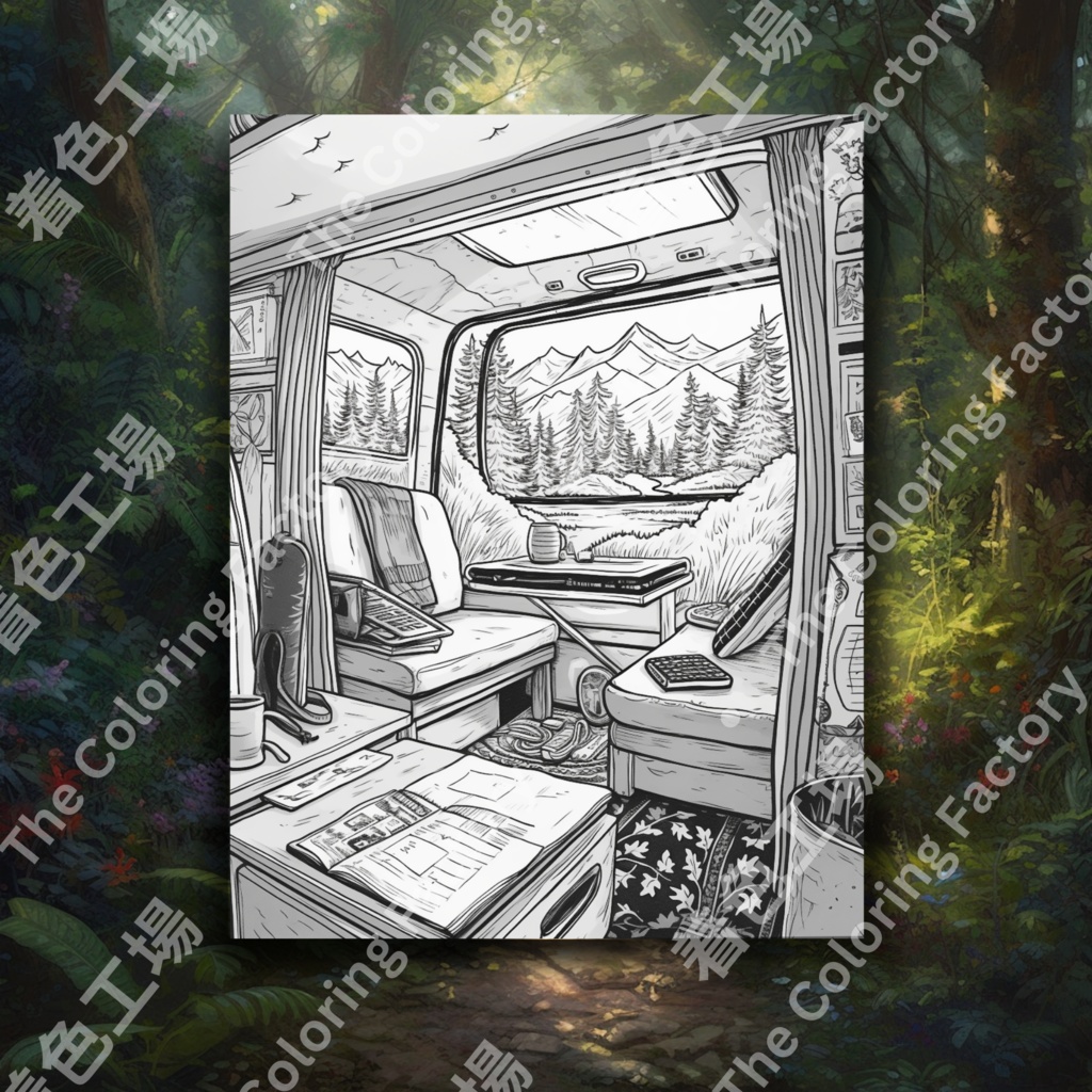 大人のためのキャンピングカー塗り絵 デジタル即時ダウンロード 楽しいセット 1