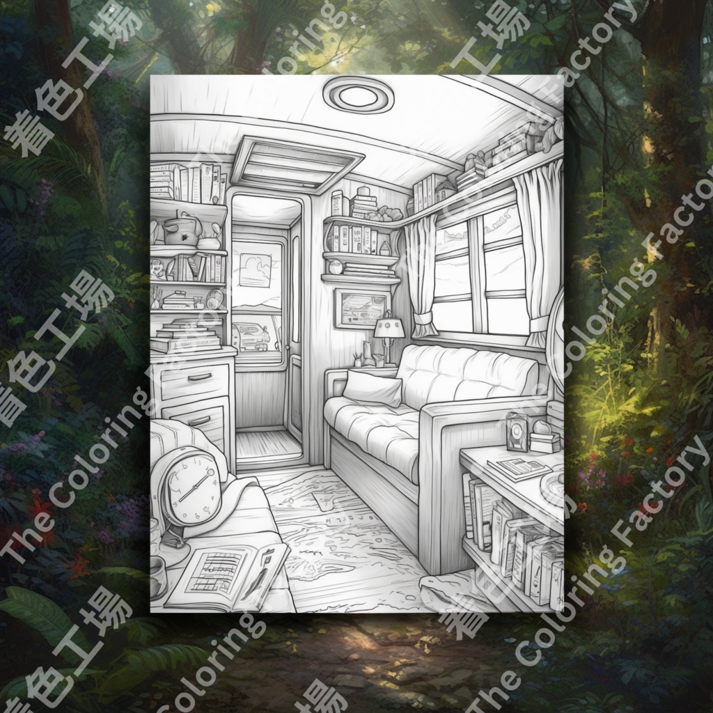 大人のためのキャンピングカー塗り絵 デジタル即時ダウンロード 楽しいセット 1