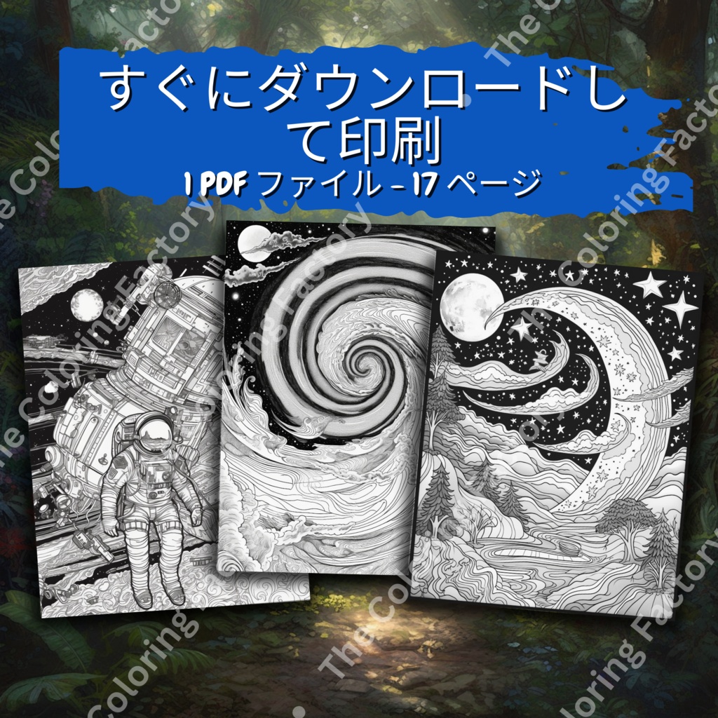 大人のための宇宙の塗り絵 デジタル即時ダウンロード 楽しいセット 1