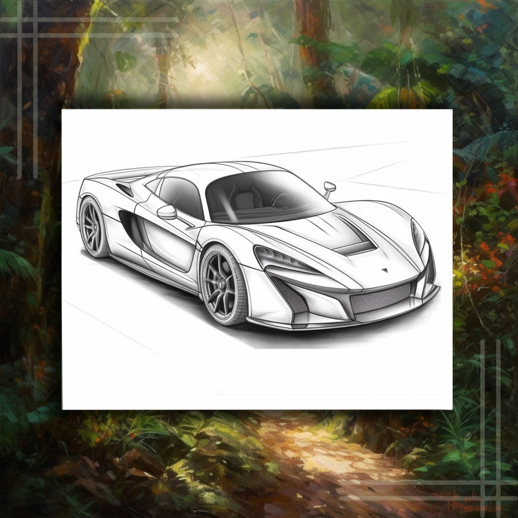 大人のためのスポーツカーの塗り絵 楽しいデジタル即時ダウンロード セット 1