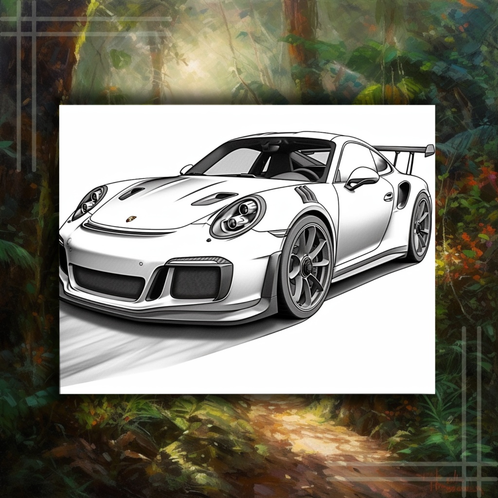 大人のためのスポーツカーの塗り絵 楽しいデジタル即時ダウンロード セット 1