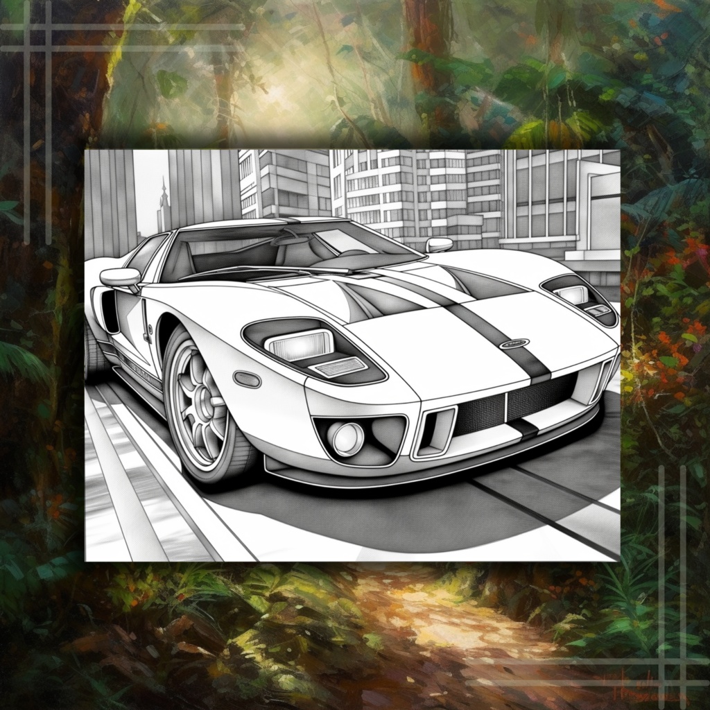 大人のためのスポーツカーの塗り絵 楽しいデジタル即時ダウンロード セット 1