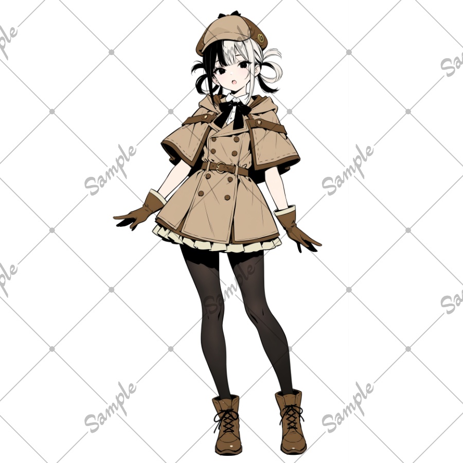 立ち絵素材　白黒ヘアーの探偵少女