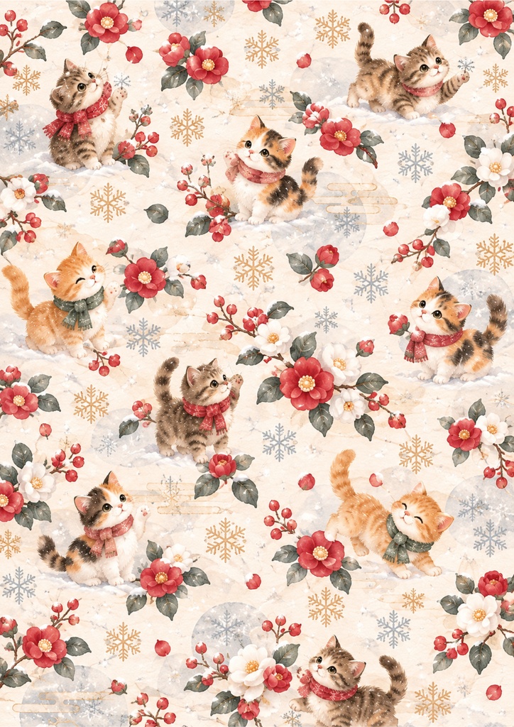 【クリスマス】猫たちの水彩デジタルペーパー A4サイズ 5枚セット|印刷用・ラッピング・コラージュ素材