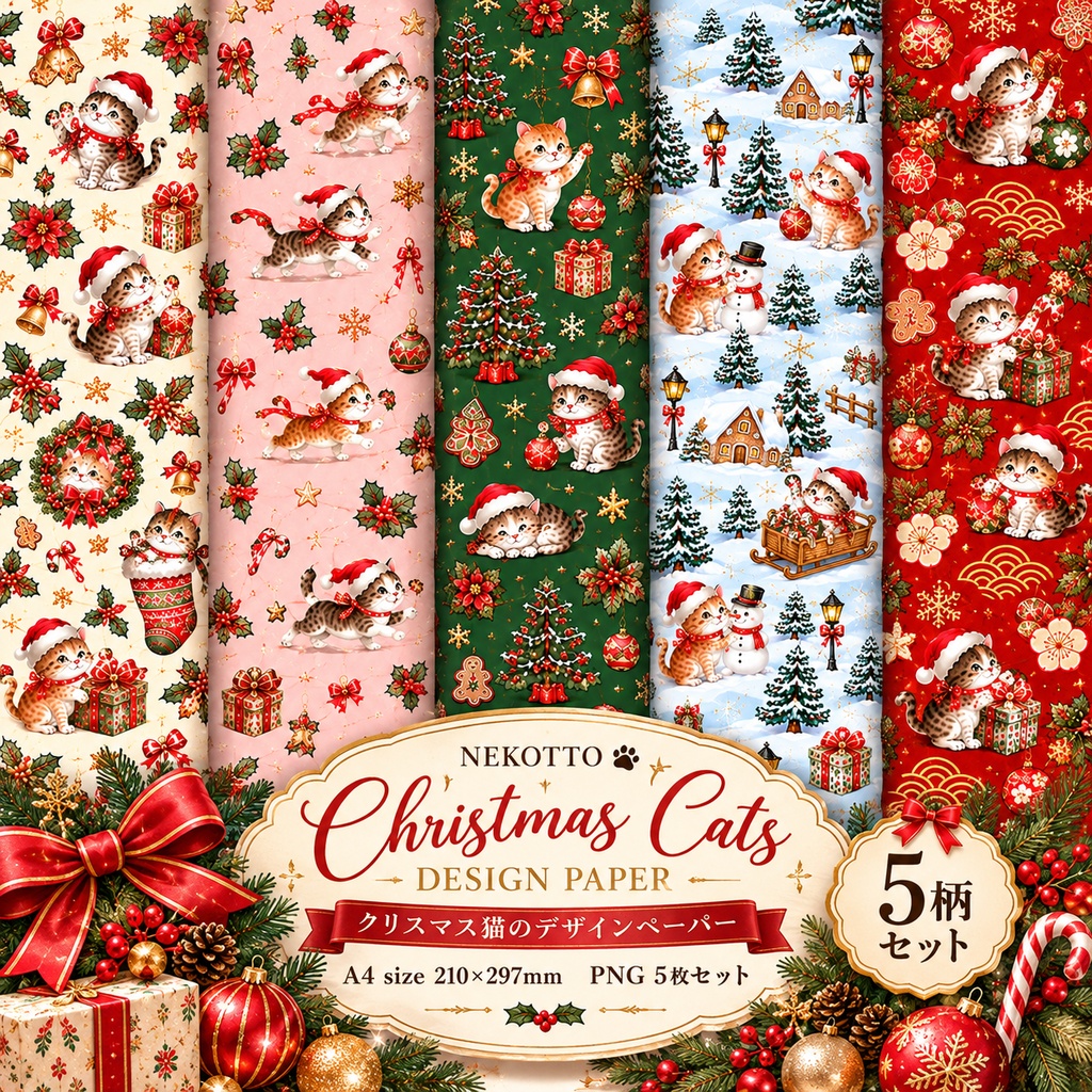 【クリスマス】2. 猫たちの水彩デジタルペーパー A4サイズ 5枚セット|印刷用・ラッピング・コラージュ素材