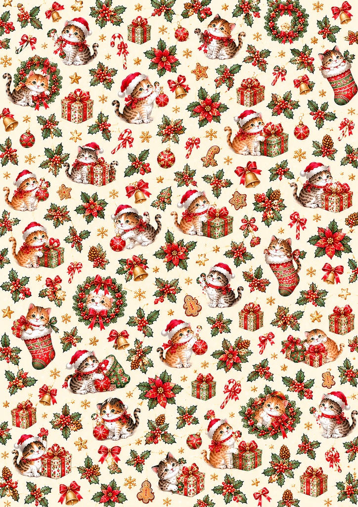 【クリスマス】2. 猫たちの水彩デジタルペーパー A4サイズ 5枚セット|印刷用・ラッピング・コラージュ素材