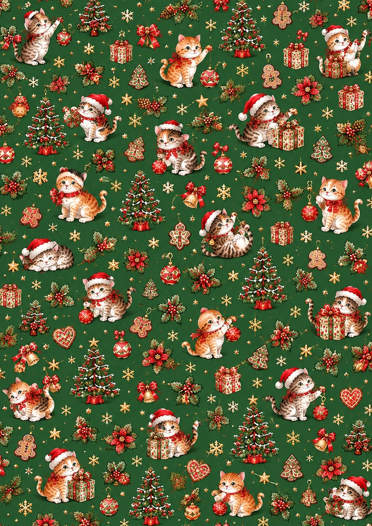 【クリスマス】2. 猫たちの水彩デジタルペーパー A4サイズ 5枚セット|印刷用・ラッピング・コラージュ素材