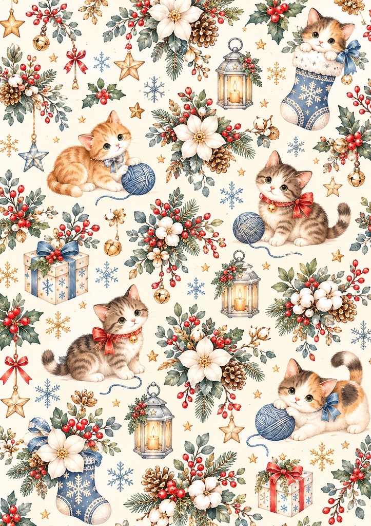 【A4・5柄セット】ほっこり冬の猫たち♡北欧風クリスマスデザインペーパー|キジトラ・三毛猫・茶トラ|ダウンロード素材