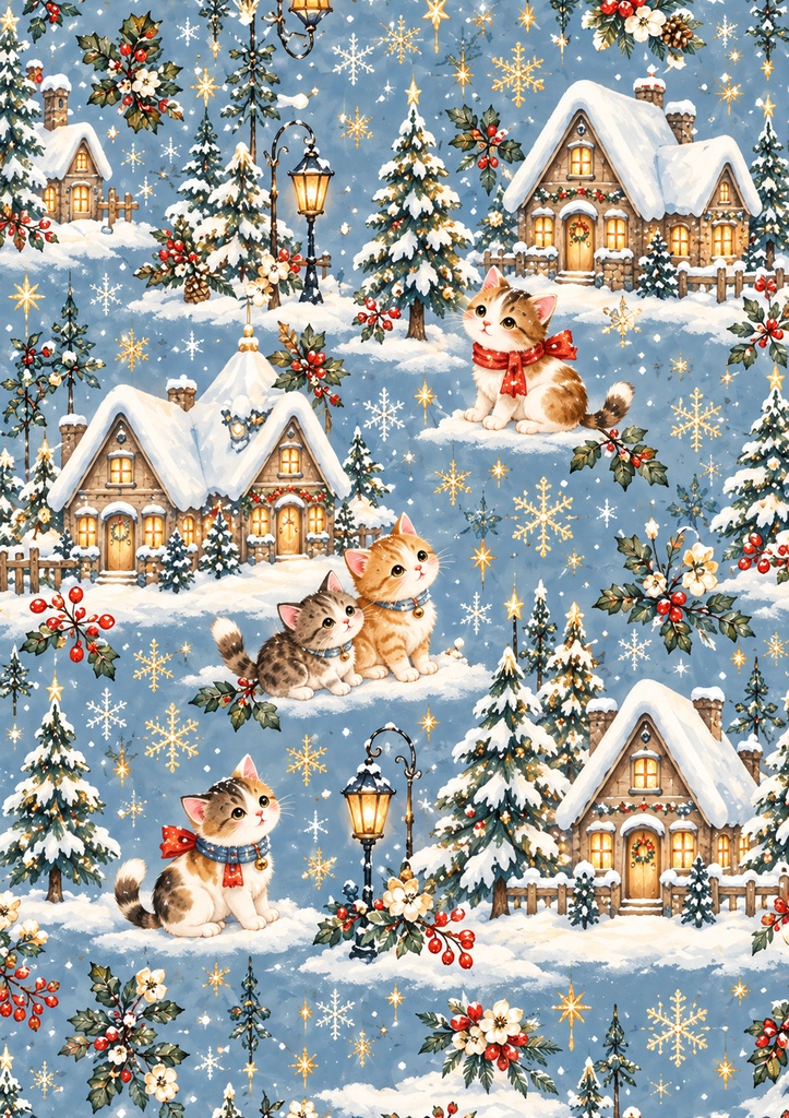 【A4・5柄セット】ほっこり冬の猫たち♡北欧風クリスマスデザインペーパー|キジトラ・三毛猫・茶トラ|ダウンロード素材