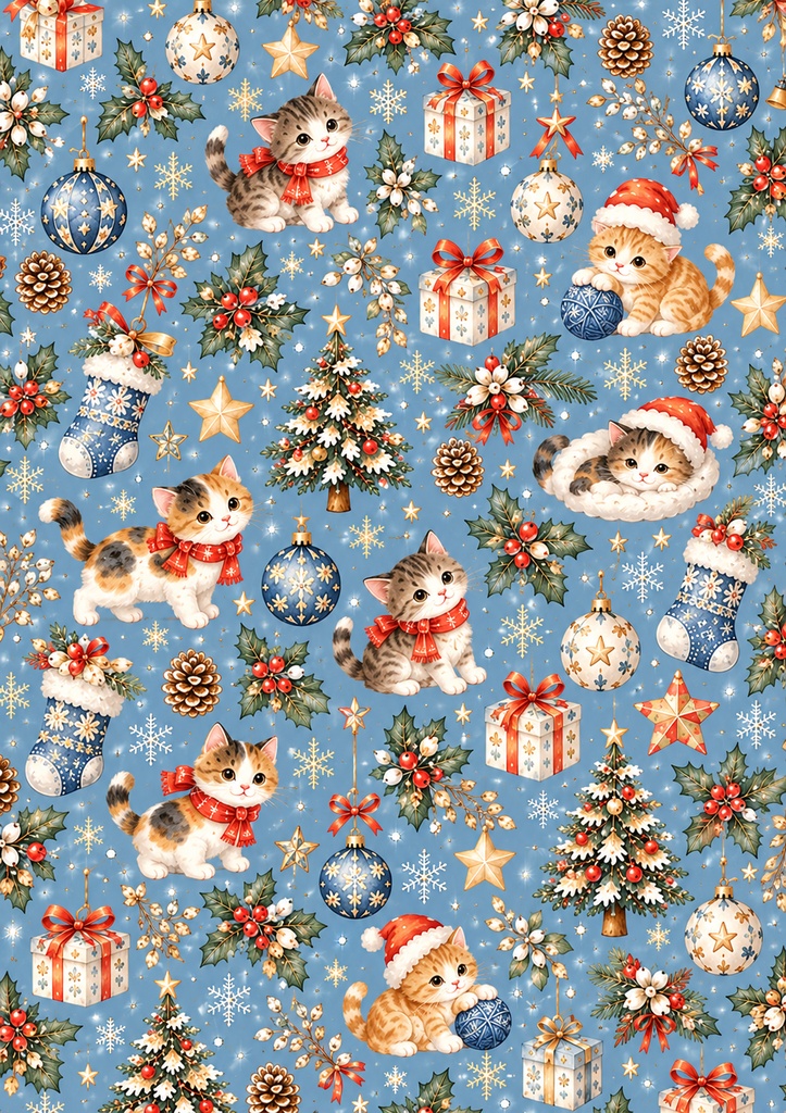 【A4・5柄セット】ほっこり冬の猫たち♡北欧風クリスマスデザインペーパー|キジトラ・三毛猫・茶トラ|ダウンロード素材