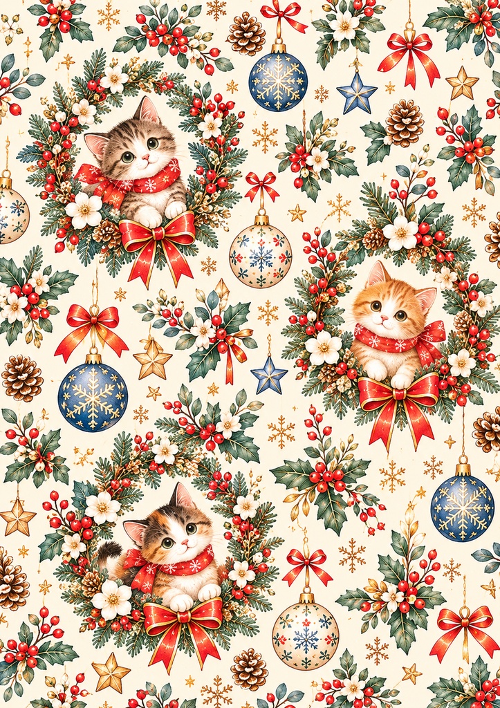 【A4・5柄セット】ほっこり冬の猫たち♡北欧風クリスマスデザインペーパー|キジトラ・三毛猫・茶トラ|ダウンロード素材