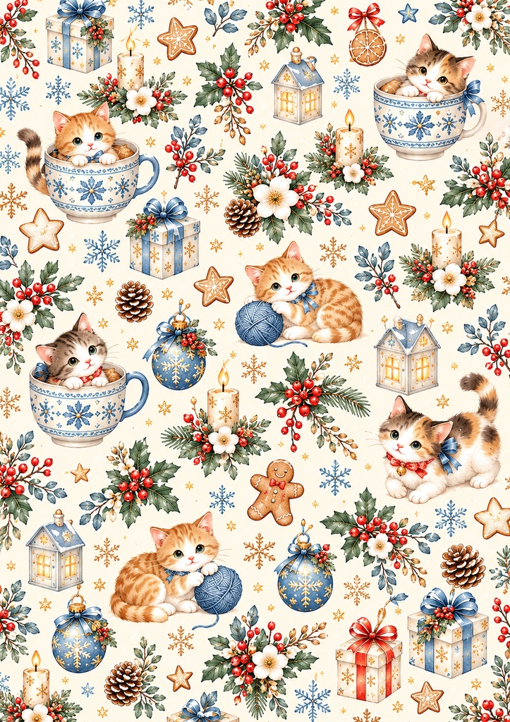 【A4・5柄セット】ほっこり冬の猫たち♡北欧風クリスマスデザインペーパー|キジトラ・三毛猫・茶トラ|ダウンロード素材