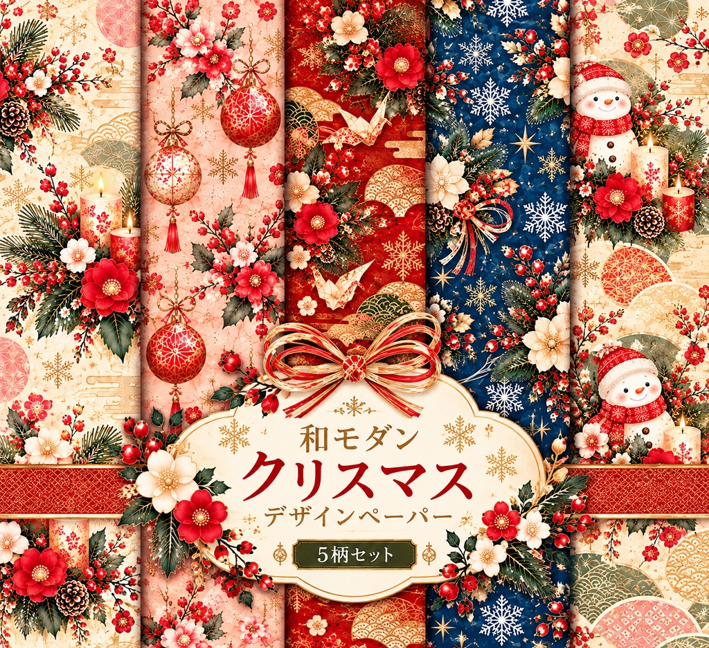 【和モダン・クリスマス】デザインペーパー 5柄セット|A4サイズ・ダウンロード素材