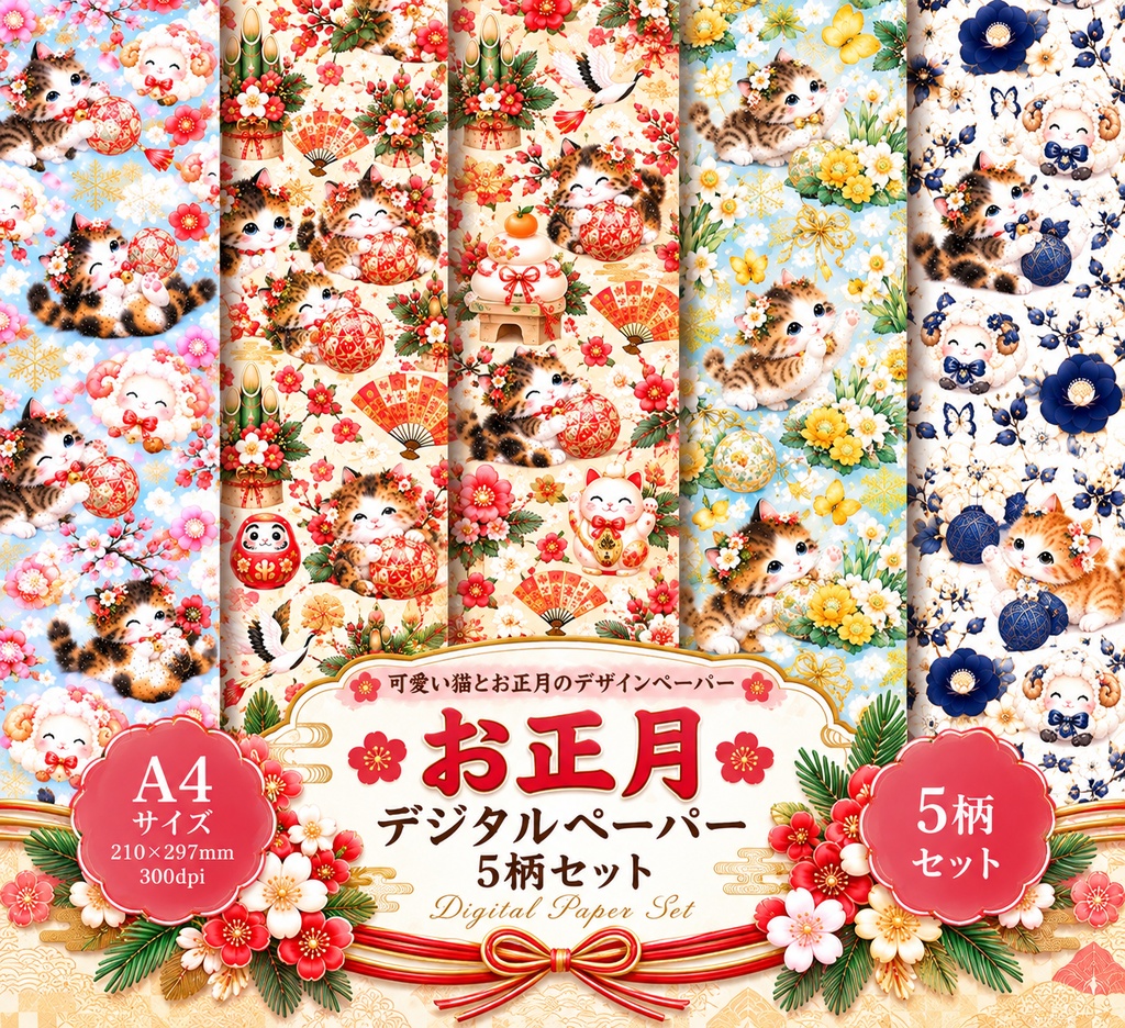 【お正月・猫柄】デジタルペーパー A4サイズ 5柄セット｜和風・水彩風・ラッピング・手帳デコ