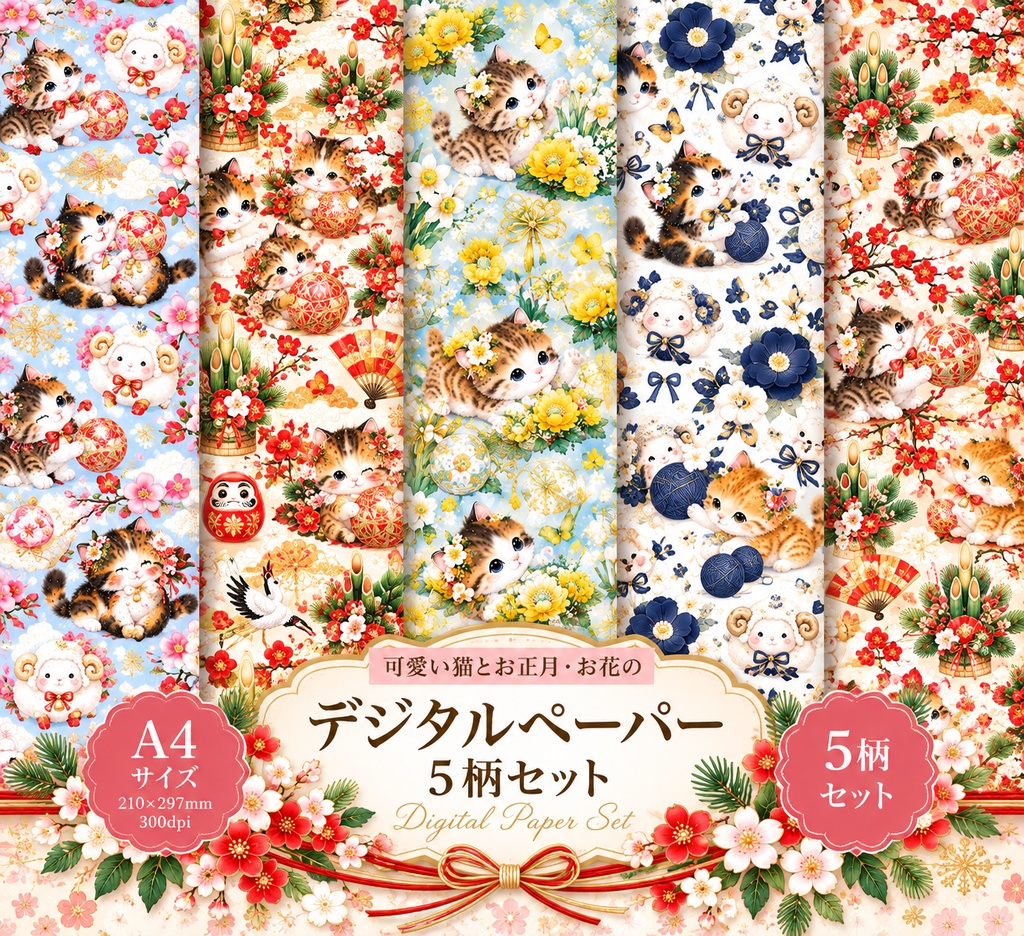 【お正月・猫柄】デジタルペーパー A4サイズ 5柄セット｜和風・水彩風・ラッピング・手帳デコ
