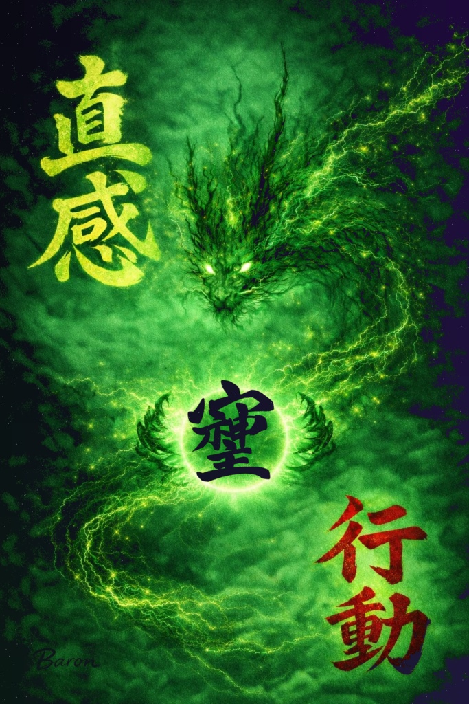 スマホ壁紙】神の緑龍 - 「そしじ」2色+「直感・行動」高画質3枚セット【AI生成】