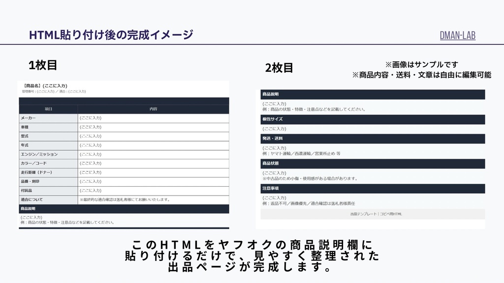 【初心者OK】ヤフオク出品用HTMLテンプレート(車パーツ特化版)|貼るだけで見やすい商品ページ完成