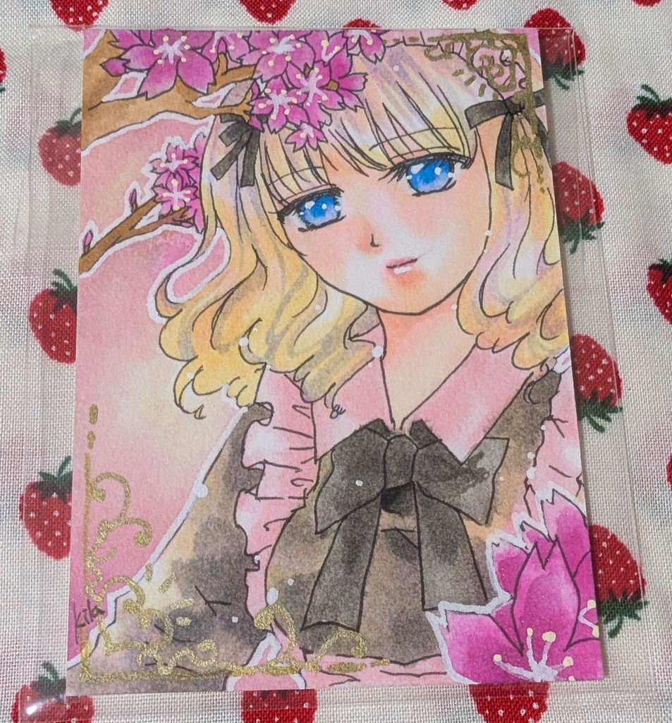 ATCボードサイズ　金髪と桜　女の子　メイド　原画