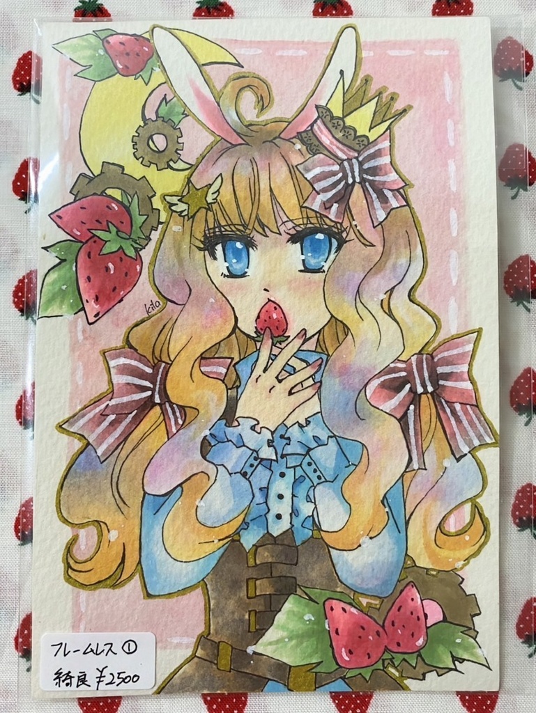 創作アナログ原画 うさぎ少女といちご ポストカードサイズ
