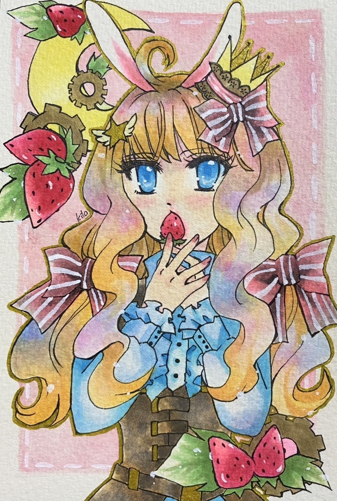 創作アナログ原画 うさぎ少女といちご ポストカードサイズ