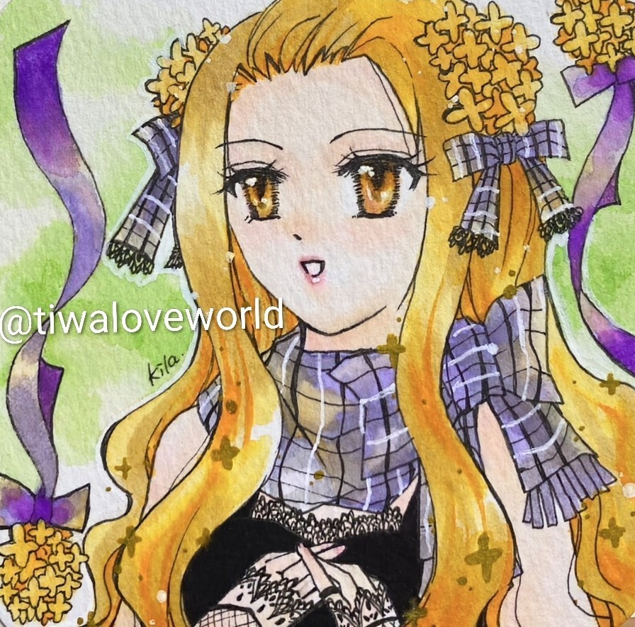 創作アナログ原画 金木犀と女の子 手のひらペーパーサイズ