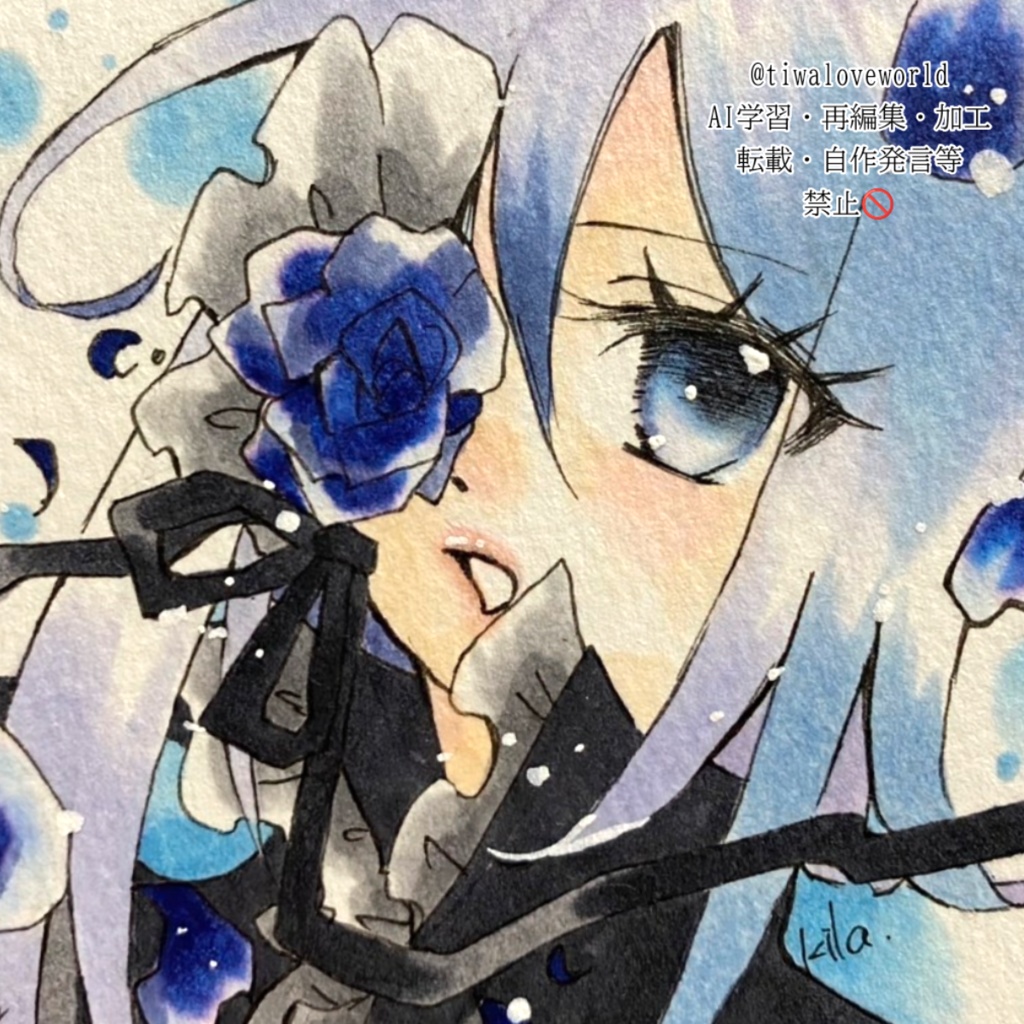 アクリルフレーム額装　創作・ブルーローズ　手のひらペーパーサイズ