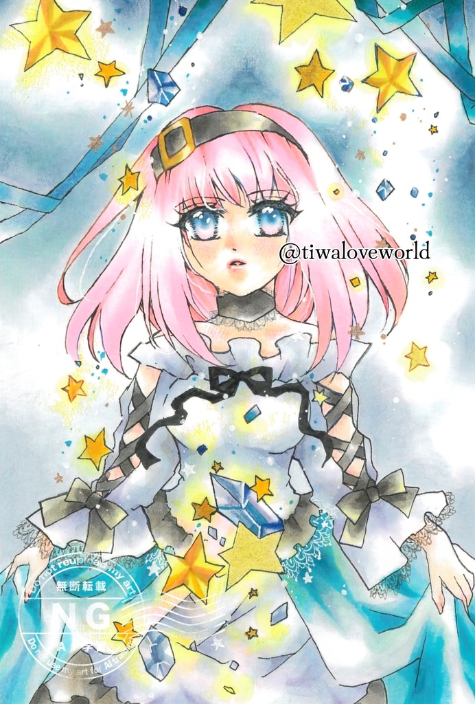 ポストカードサイズ原画　満天の星を集めて　額装