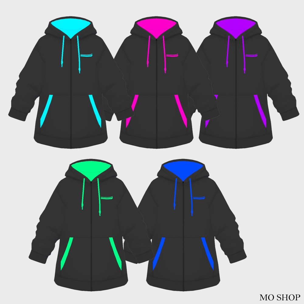 【VRoid】ネオンカラーパーカーブラック 5色セット