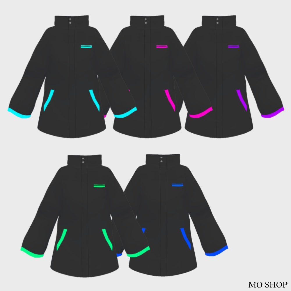 【VRoid】ネオンカラーコートブラックロング 5色セット