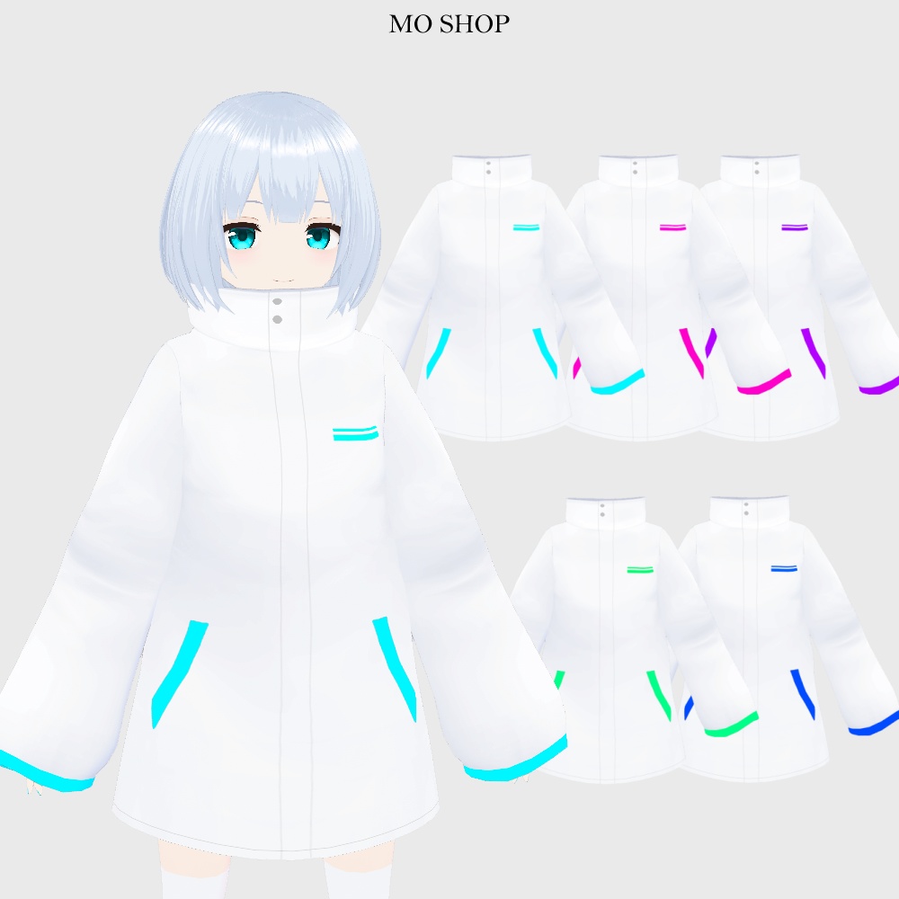 【VRoid】ネオンカラーコートホワイトロング 5色セット