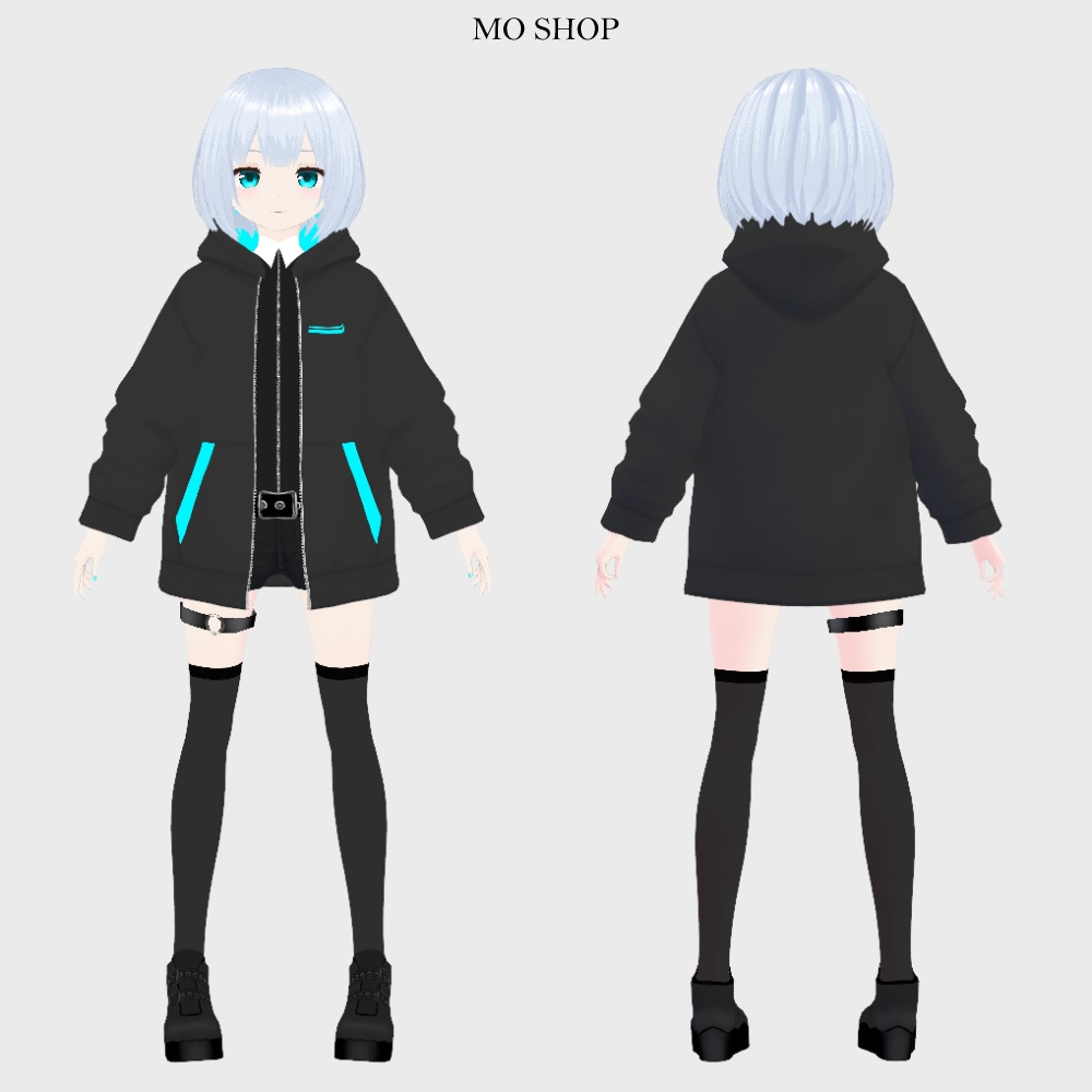 【VRoid】ネオンカラーパーカーブラック 前開きタイプ 5色セット