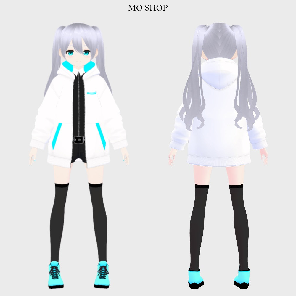 【VRoid】ネオンカラーパーカーホワイト 前開きタイプ 5色セット