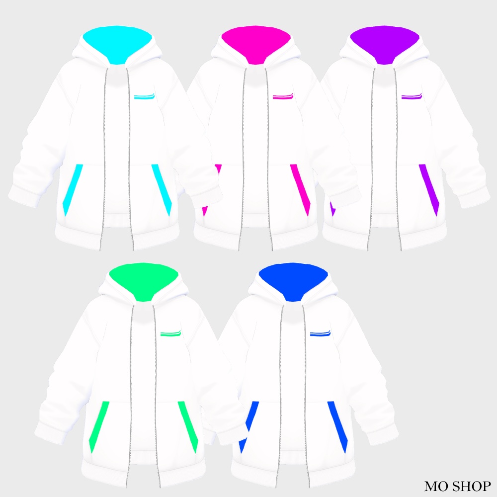【VRoid】ネオンカラーパーカーホワイト 前開きタイプ 5色セット