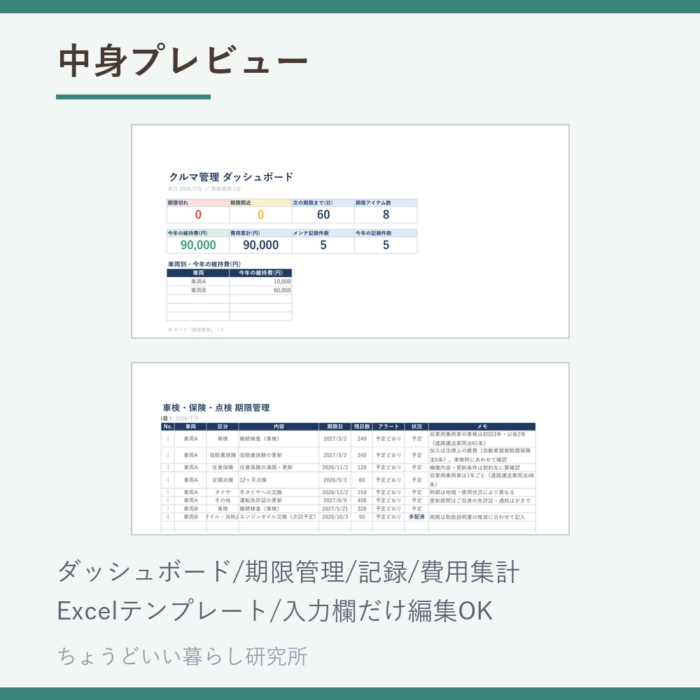 車検・保険・メンテナンス管理Excelテンプレート【期限アラート・維持費自動集計】