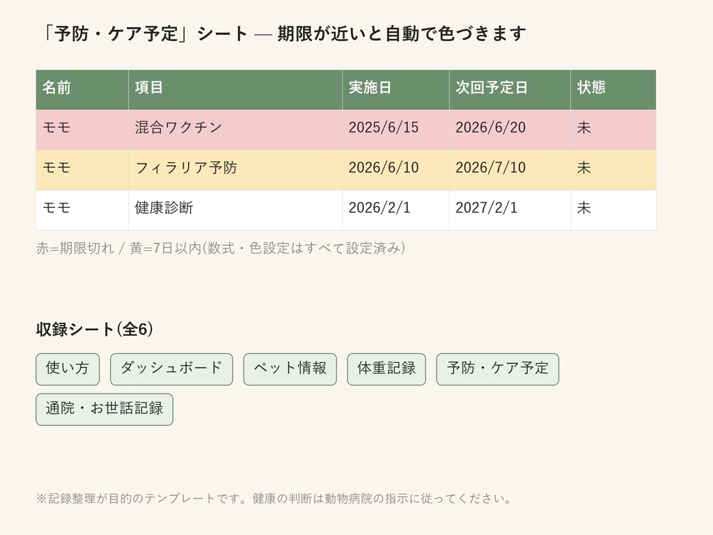 ペット健康・お世話記録 Excelテンプレート|体重・ワクチン・通院・費用をこれ1冊で