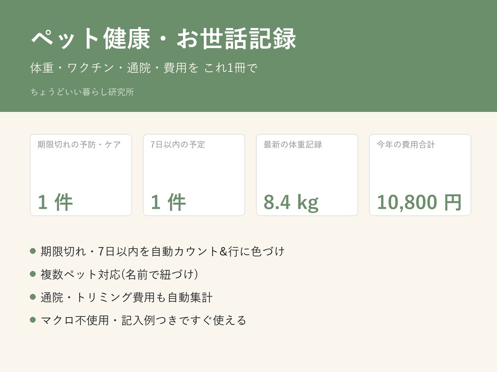 ペット健康・お世話記録 Excelテンプレート|体重・ワクチン・通院・費用をこれ1冊で