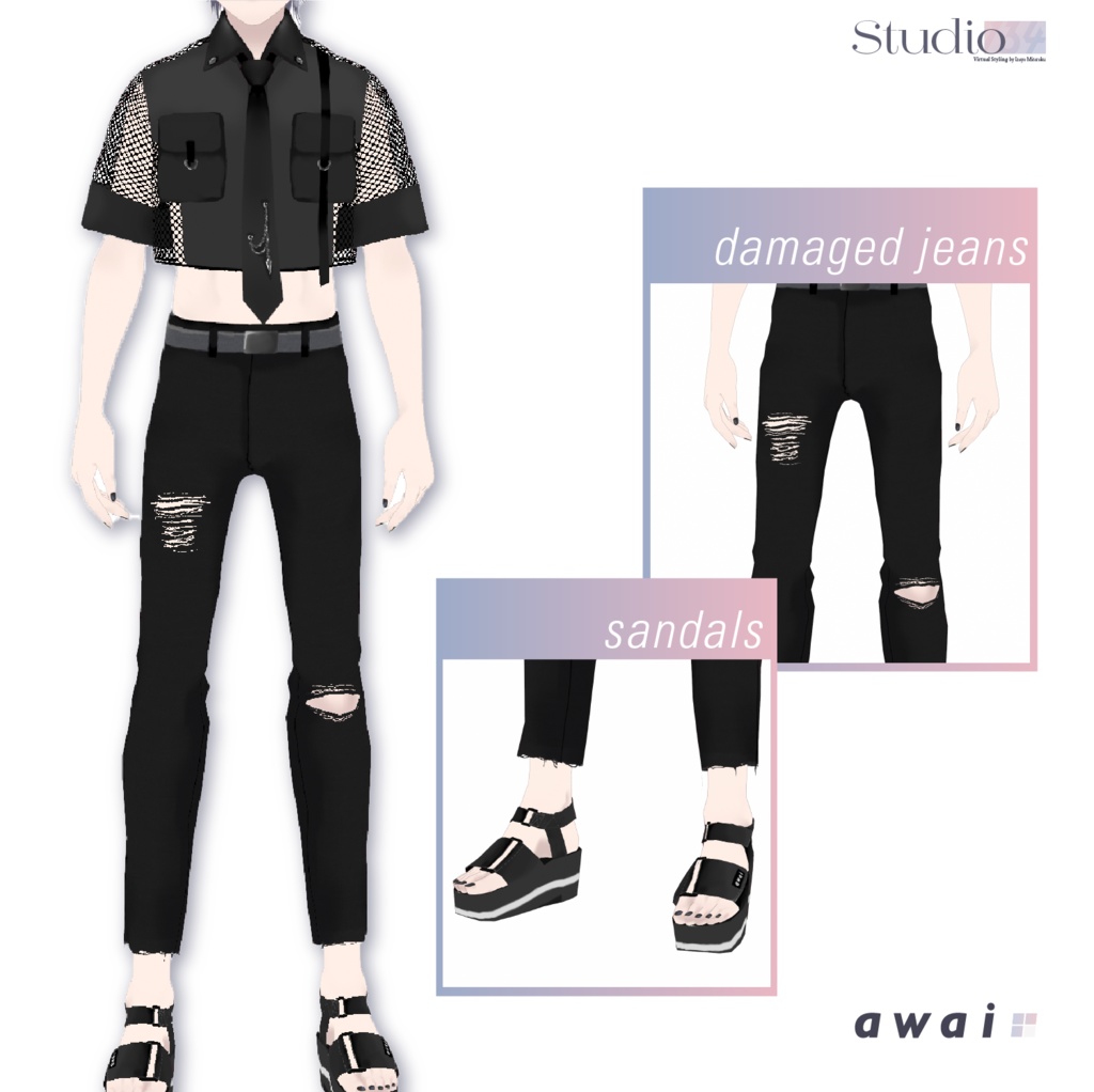 【VRoid衣装テクスチャ】Mesh shirts with a tie(無料版アリ)【#awai_Studio134】