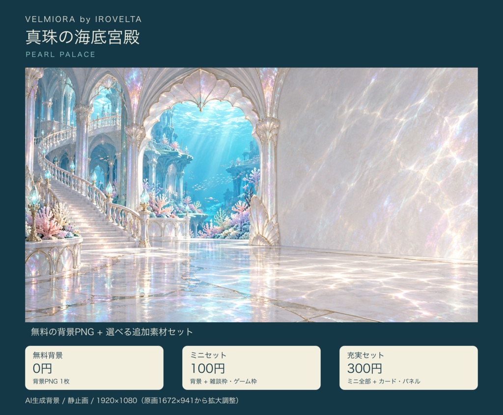 真珠の海底宮殿｜無料背景・配信枠セット【ミニ100円／充実300円・AI生成】