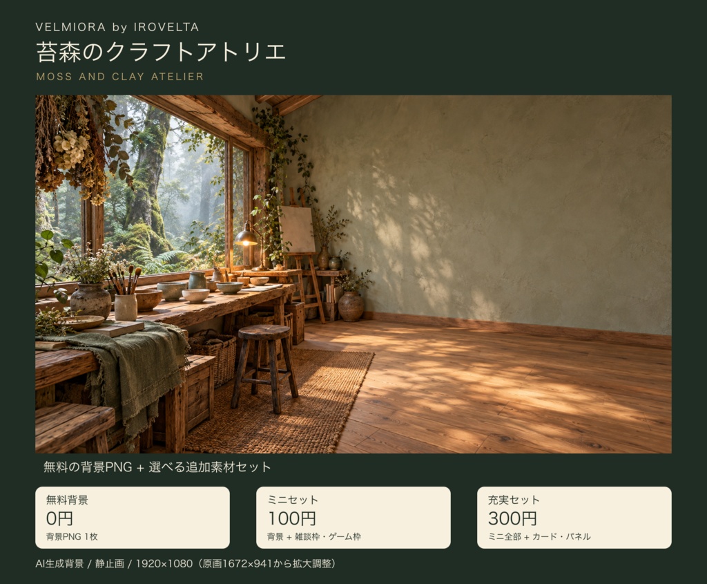 苔森のクラフトアトリエ|無料背景・配信枠セット【ミニ100円/充実300円・AI生成】